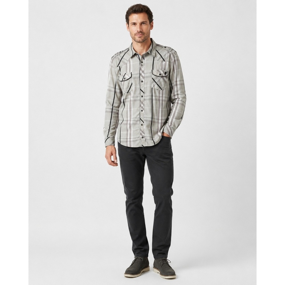 i‎ Jeans by Buffalo Pearl Snap Shirt Mens XXL Tan Black Stripe Cotton Polyester